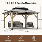 11'x13' Wood Gazebo,Outdoor Hardtop Gazebo with Galvanized Steel Doule Roof, Wooden Frame Gazebos for Patio Backyard Deck