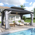 GARTOO 12' x 16' Outdoor Wood Gazebo - Permanent Wooden Hardtop Gazebo Pavilion with Double Curtains, Galvanized Steel Roof Cedar Wood Gazebos for Poolside, Garden, Lawn, Backyard Deck
