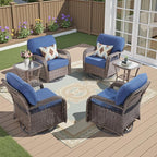 Patio Furniture Sets, 6 Pieces Wicker Outdoor Furniture with Patio Sidetables - 360 Degree Swivel Rocking Chairs and Rattan Side Table for Garden, Porch, Backyard, Blue/Brown Wicker