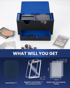 MRAUF MTG Deck Box with Double Commander Display and Dice Tray, Fits 200+ Double Sleeved Cards, Card Storage Box Plus 2 Magnetic Holders& 100Pcs Card Sleeves (Black& Blue)