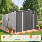 10x14 FT Outdoor Metal Storage Shed, Durable Garden Shed with Three Lockable Doors & Clear Window for Backyard, Patio, All-Weather Shelter for Bike, Gardening Tools, Lawn Mowers, Grey