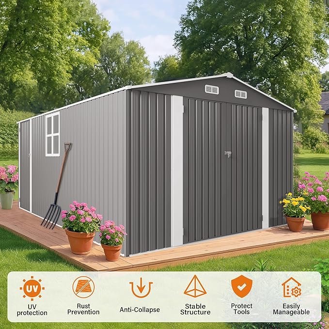 10x14 FT Large Outdoor Storage Shed,Durable Metal Garden Shed with Three Lockable Doors and Two Windows,Waterproof Tool Shed for Backyard Patio,All-Weather Shelter for Bike,Lawn Mowers,Grey
