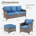 Outdoor Wicker Patio Furniture Set - 5 Piece Outside Rattan Conversation Bistro Sofa Sets with Wicker Chairs, 3-Seat Couch and Ottomans for Porch Balcony Yard Fireplace – Brown/Blue