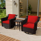 Vista Vibe 3 Pieces Outdoor Patio Conversation Furniture Set - 360 Degree Swivel Glider Rocker Chairs | Wicker End Table, Washable Cushions, Hand-Woven PE Rattan, Lawn, Sunroom (Brown/Red)