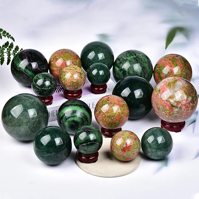JIC Gem Crystal Sphere Balls Unakite Healing Crystal Ball with Wood Base for Reiki Chakra Decor (100-110mm)