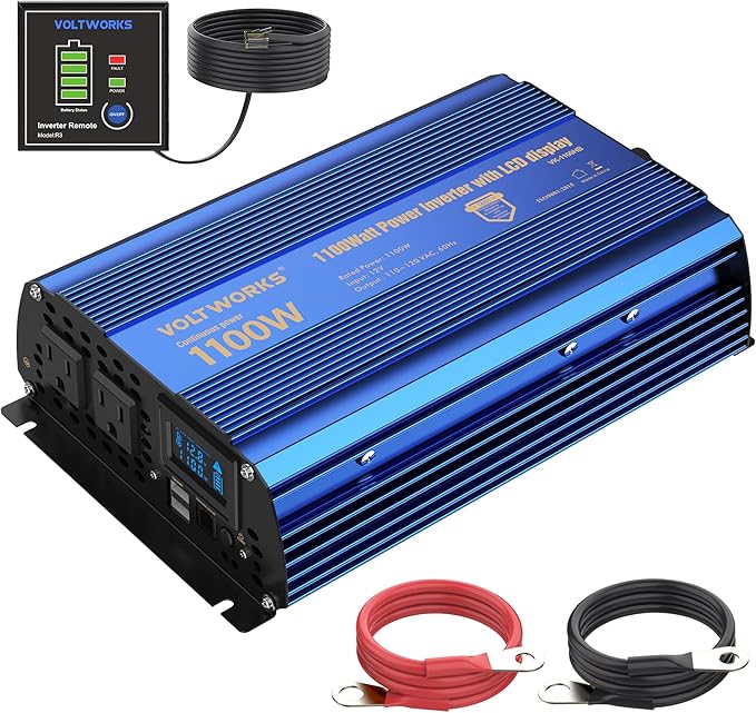 Power Inverter 1100 watt 12V DC to 110V 120V AC 1000w Inverter with LCD Display Remote Control 2AC Outlets Dual 2.4A USB Ports Compatible with Lithium Battery for Car RV Truck Boat by VOLTWORKS