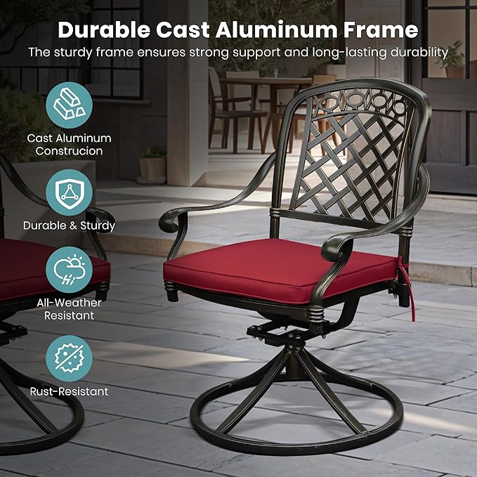 Set of 8 Cast Aluminum Patio Chairs with Cushions, All-Weather Aluminum Outdoor Swivel Chairs, Metal Outdoor Rocking Chairs for Backyard, Poolside and Bistro(Red, 8 Pieces)