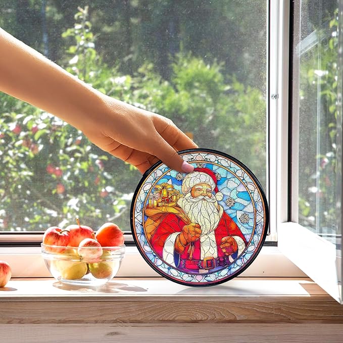 kdqua Christmas Santa Suncatcher Stained Glass Window Hanging, Winter Xmas Santa Claus Sun Catchers Indoor Window Glass Round Wall Decor, Christmas Wall Art Hanging Decorations Statues, 7.9x7.9in