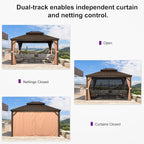 PURPLE LEAF 11' X 13' Outdoor Hardtop Gazebo Patio Wide Aluminum Frame Metal Double Roof with Heavy Duty Netting and Curtains for Permanent Hard Top Pavilion Screen, Khaki