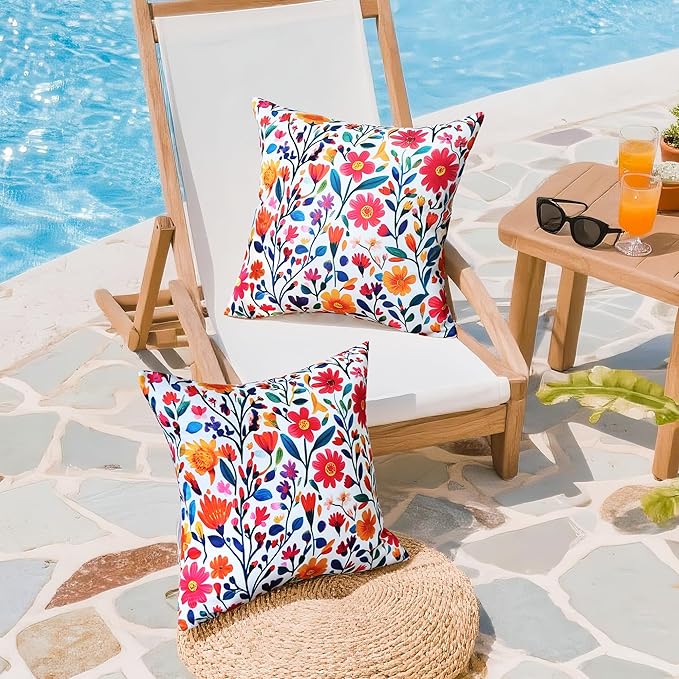 Outdoor Pillow Covers 18x18 Inch Set of 2 Floral Printed Boho Throw Pillows Cases Waterproof Square Garden Cushion Sham for Spring Summer Patio Funiture Tent Balcony Bench Sofa Couch