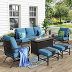 MFSTUDIO 6 Pieces Patio Furniture Sets with 45" Gas Fire Pit Table(Up to 7 Seat), Outdoor Metal Frame Patio Conversation Sofas with 1 x 3-Seat Sofa, 2 Rocking Chairs and 2 Ottoman, Navy Cushion