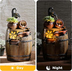 Water Fountain Outdoor Rustic Barrel,4 Tiered Wood Barrel Cascading Water Fall Fountains Outside Feature with LED Lights for Garden, Patio, Porch, Backyard Decor 14.6" L x 14.6" W x 29" H