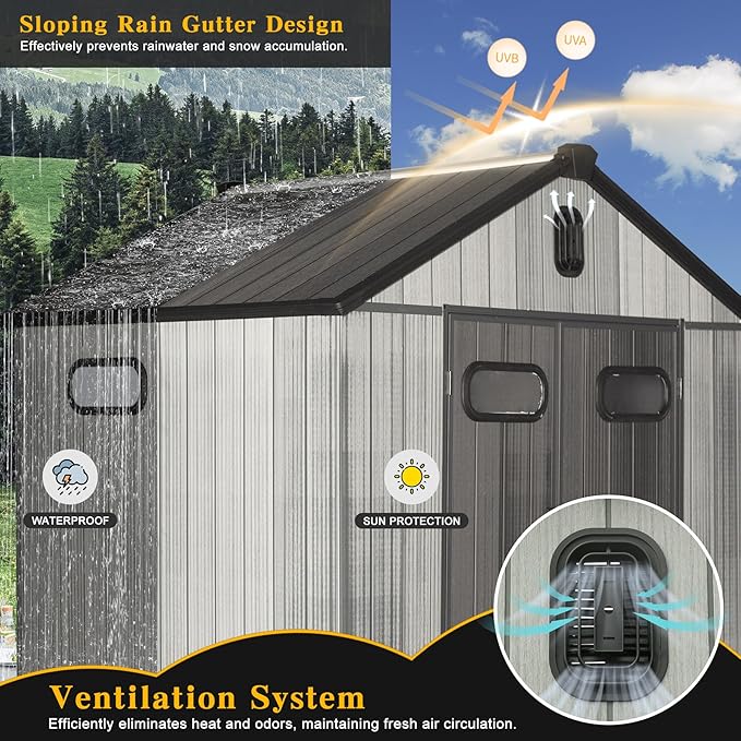 Domi 8x6FT Resin Outdoor Storage Shed with Lockable Door, Waterproof Outside Sheds with Windows & Vents, Heavy-Duty Plastic Tool Storage Shed for Patio Furniture, Lawn Mower, Bike