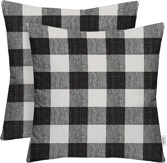 RSH DECOR: Square Throw Pillows Set of 2 | 24” x 24” | All-Weather Spun Fabric | Water and Fade-Resistant | Outdoor Accent Pillows for Patio Furniture | Black Buffalo Plaid