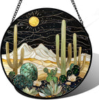 Stained Glass Window Hanging, Black and White Golden Cactus Nature Suncatcher for Doors Window Home Starry Sky Sun Catchers Decor Mother's Day Birthday Gifts for Women, Men Mom 7.8 in