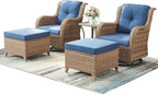 Outdoor Wicker Patio Furniture Set - 5 Pieces Rattan Patio Conversation Set with 2 Rocking Swivel Chairs,2 Ottomans and 1 Side Table for Porch Deck Backyard Garden(Yellow/Blue)
