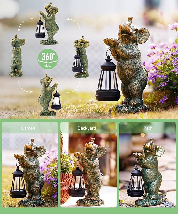 Solar Elephant Garden Statues for Outdoor: Outside Sculpture Lantern Decor for Yard Lawn Porch Patio Balcony Decorations Gifts for Grandma Mom Women