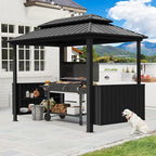 Domi 6'×10' Hardtop Grill Gazebo, Outdoor Metal BBQ Gazebo with Galvanized Steel Double Roof, 2 Double-Layer Storage Cabinets and Ceiling Hooks, Permanent Grill Canopy for Patio Backyard Garden,Grey