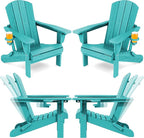 SERWALL Folding Adirondack Chair Set of 4, Adjustable Adirondack Chair with 3 Recline Positions, All Weather HDPE Outdoor Adirondack with Cup Holders, Aruba