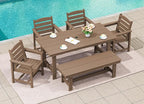 SERWALL Outdoor Dining Set for 6, HDPE Furniture with Umbrella Hole & Bench & Chairs, All Weather, Brown