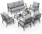 7 Piece Metal Outdoor Patio Furniture Set, Patio Conversation Sets 1 3-seater Sofa, 4 Fixed Chair, 2 Ottomans with 5.75" Thick Cushion, Black All-weather Frame Backyard Furniture, Gray
