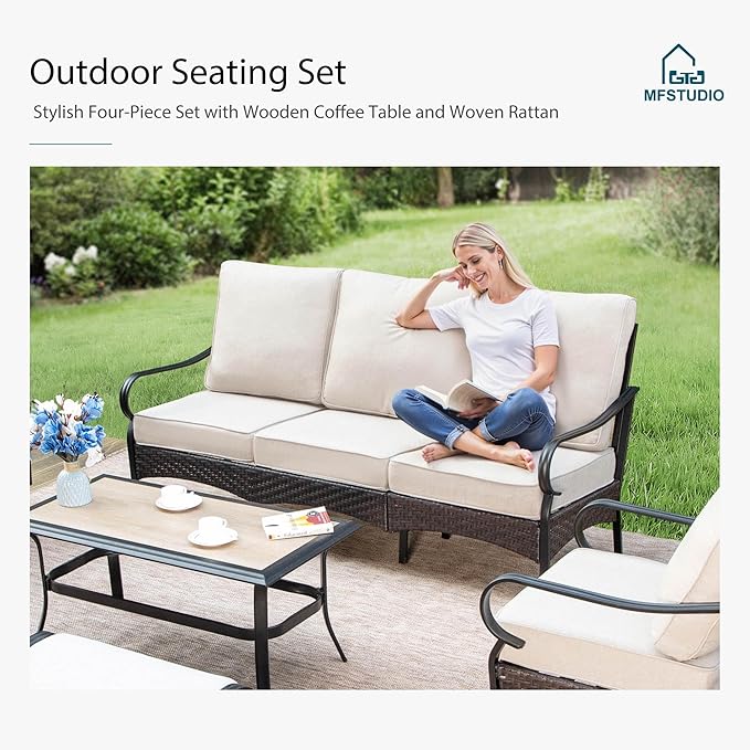 MFSTUDIO 7 PCS Outdoor Patio Furniture Set, Metal Outdoor Conversation Set, Rattan Wicker Patio Sectional with 2 x Fixed and Rocking Single Sofa, 3-Seat Sofa, 2 x Ottoman, Beige