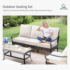 MFSTUDIO 6 PCS Outdoor Patio Furniture Set, Metal Outdoor Conversation Set, Rattan Wicker Patio Sectional Set with 2 x Fixed Single Sofa, 3-Seat Sofa, 2 x Ottoman, 1 x Fire Pit Table, Beige