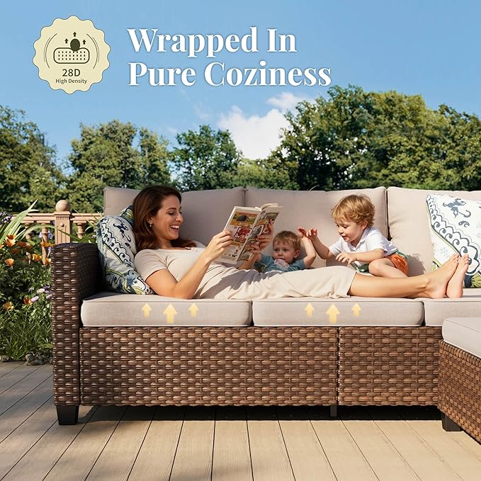Patio Furniture Set, 8 Pcs Wicker Rattan Outdoor Conversation Set, 4 x Leg Chairs, 1 x 3 Seater Sofa and 2 x Ottoman with 4" Thick Cushion and 56" Fire Pit Table, Beige