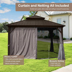 Domi Hardtop Gazebo 10x10FT, Aluminum Outdoor Gazebo with Galvanized Steel Double Roof Canopy, Curtains and Netting Included, Metal Gazebo Permanent Pavilion for Patio, Lawn, Garden, Brown