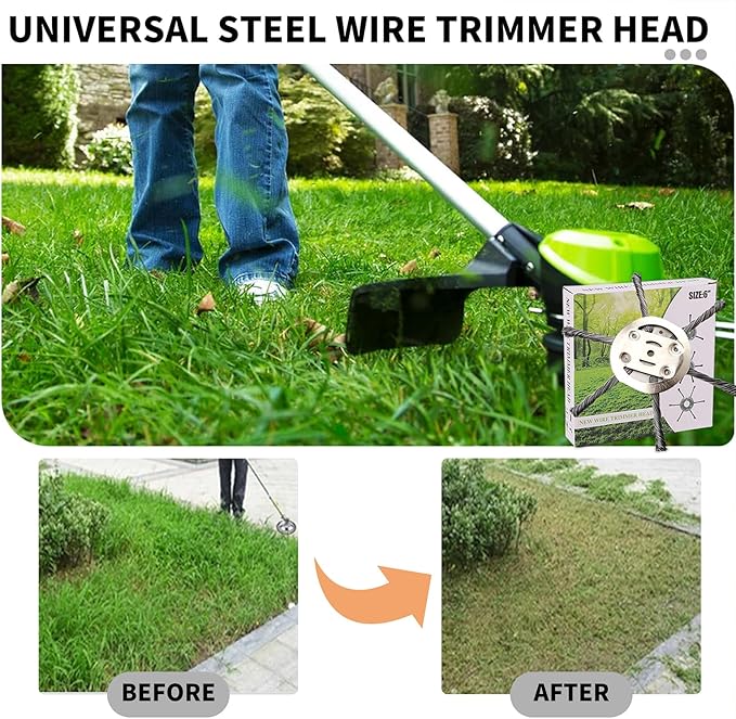 2025 New Steel Wire Grass Trimmer Head, 6 Inch Universal Steel Wire Trimmer Head with Adapter, String Trimmer Replacement Head for Electric Cordless Lawn Mower Tray (1PC 6 Blades（6 Inch）)