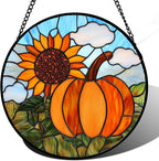 Stained Glass Window Hanging Fall Farm Scenery Sunflower Pumpkin Large 15" - Suncatcher Door Garden Kitchen Sunroom Sun Catcher Home Decor Birthday for Mom Grandma Men Woman