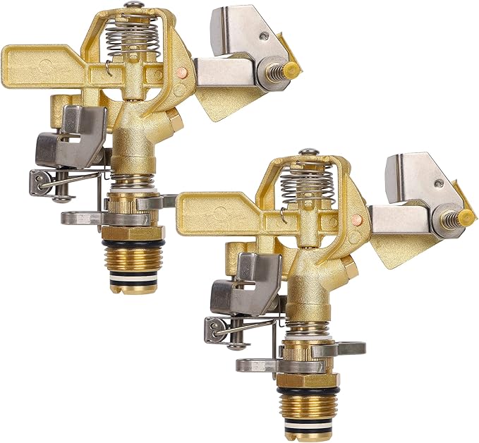 Biswing 1/2 Inch Brass Impact Sprinkler 2 Pack, Heavy Duty Lawn Sprinkler Head with Nozzles, Adjustable 20-360 Degree Large Coverage Pattern, Watering Sprinkler for Grass Patio Garden Irrigation