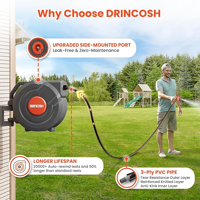 Upgraded Retractable Garden Hose Reel 1/2 in x 100 ft PRO 180° Swivel Metal Bracket Automatic Slow Return Heavy Duty Wall-Mounted Hose Reel Any Length Lock 9 Pattern Nozzle UV Resistant