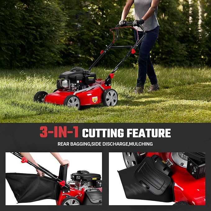 Lawn Mower Gas, Self Propelled 18-Inch 131cc Lawn Mowers & Tractors, 3-in-1 Gas-Powered Lawnmower with 50L Bag, Mulching and Side Discharge, Adjustable Cutting Height, Easy Start for Yards