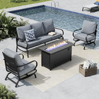 MFSTUDIO 4 Piece Patio Conversation Sets, All Weather Metal Frame Outdoor Furniture Set Patio Sofas with 1 x 45 Rectangular Fire Pit Table, 1 x 3-Seat Sofa, 2 x Rocking Chairs, Grey Cushion