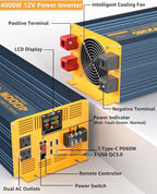 4000W Pure Sine Wave Power Inverter DC 12V to AC 110V 120V for Home RV with Dual AC Outlets 1 USB-C(60W) 3 USB-QC3.0 Fast Car Charger Adapter, LCD Display and Remote Control
