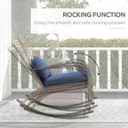 Outsunny Outdoor Wicker Adirondack Rocking Chair, Patio Rattan Rocker Chair with High Back, Seat Cushion, and Pillow for Garden, Porch, Balcony, Dark Blue
