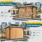 MELLCOM 10'x12' Hardtop Gazebo, Metal Double Roof Aluminum Gazebos with Curtain and Netting,Brown Permanent Galvanized Steel Pavilion for Patio, Lawn & Deck