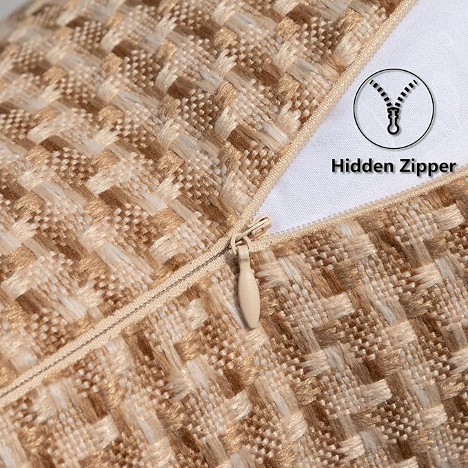 Kevin Textile Outdoor Waterproof Throw Pillow Covers Pack of 2 Weaving Texture Water Resistant Outside Decorative Cushion Covers for Garden Patio Tent Balcony Bench Couch Sofa 16x16 Inch, Light Brown