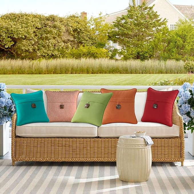 Outdoor Decorative Pillows with Coconut Button Pack of 4, 16" x 16" Outdoor Pillow Set for Couch Bed Throw Patio Sofa, Light Lotus Red