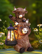 Solar Highland Cow Garden Decor - Resin Cow Statue with Solar Lantern Outdoor Yard Patio Decor - Ideal Gifts for Women,Mom Men (Copper)