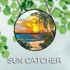 Stained Glass Window Hanging 4 Pcs Set Blue Ocean Coconut Tree Scenery 6.3" - Suncatcher Door Garden Sun Catcher Decor Birthday Christmas for Mom Woman Nana Men