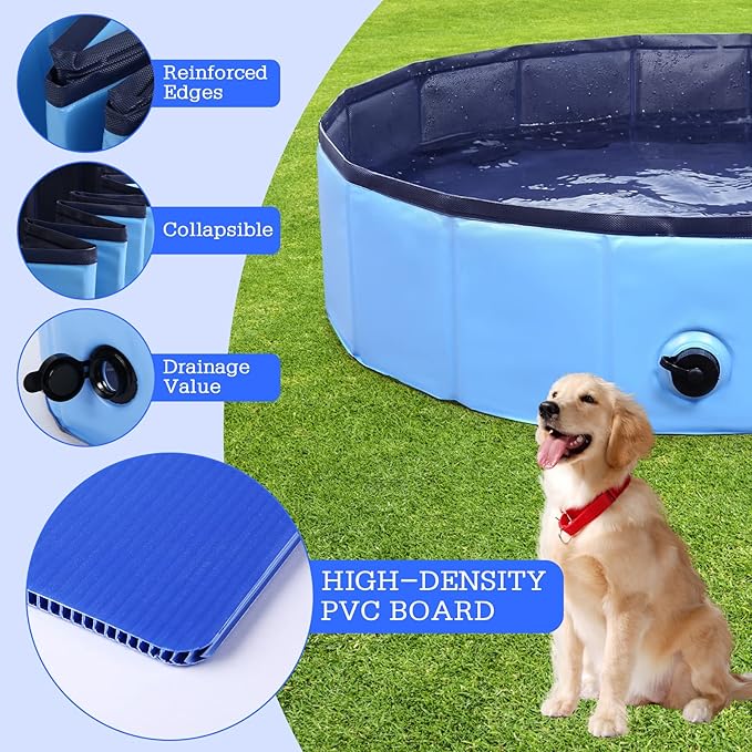 Foldable Dog Pool, Portable Pet Bath Tub and Kiddie Swimming Pool, Collapsible Bathtub for Puppies, Small, Medium and Large Dogs, Cats and Kids, 97 x 12 in, Blue
