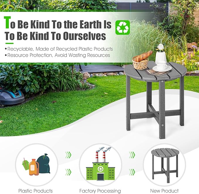 Tangkula Round Outdoor Side Table, 18 Inch Weather Resistant HDPE Adirondack Table, Outdoor Indoor Chairside End Tables, Patio Side Table for Lawn Garden Balcony Backyard, Easy Assembly (2, Gray)