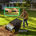26" Push Lawn Sweeper with 7.5 cu. ft Mesh Collection Hopper Bag, 100L Leaf Bag, 4 Adjustable Height Spinning Brushes, Steel Frame & Rubber Wheels – Quick Cleaning for Leaves and Grass,Grey
