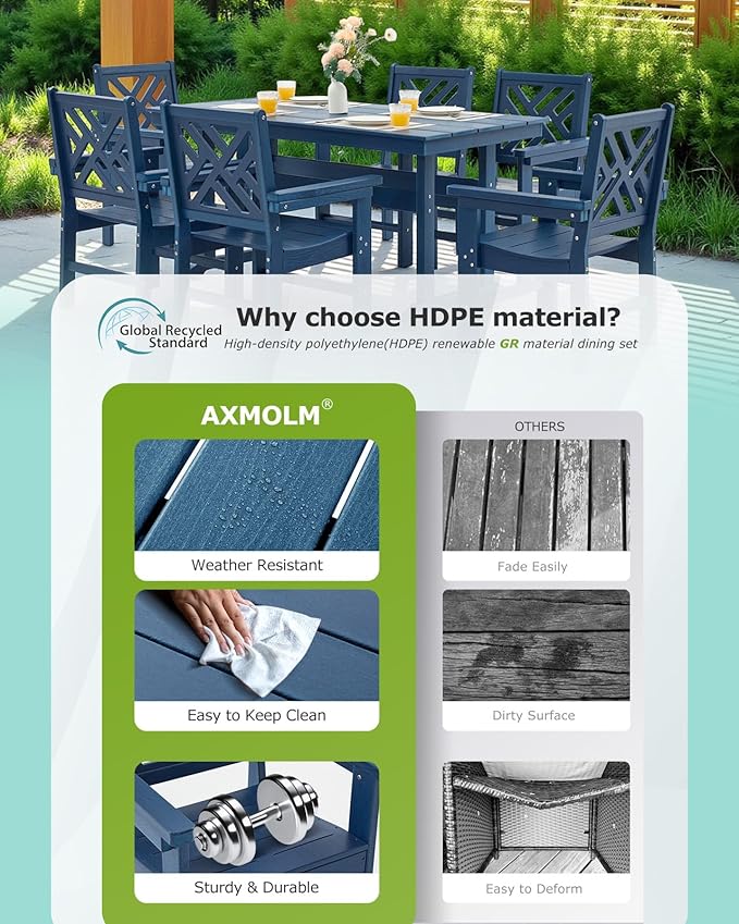 7 Piece HDPE Outdoor Dining Set for 6, Patio DHPE Furniture Set with Umberlla Hole, Weather Resistent Outdoor Table and Chairs for Garden, Poolside, Backyard, Deck, Blue