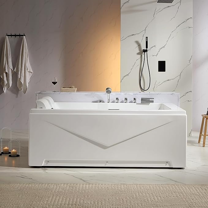 Empava 2 Person Heated Soaking Whirlpool Bathtub, 71” Jetted Tubs with 16 Jets(8 Water Jetted + 8 Air Bubble), Acrylic SPA Bath Tub, with LED control panel, Faucet and two white pillows