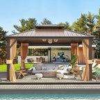 MELLCOM 12'x14' Hardtop Gazebo, Metal Double Roof Aluminum Gazebos with Curtain and Netting,Brown Permanent Galvanized Steel Pavilion for Patio, Lawn & Deck