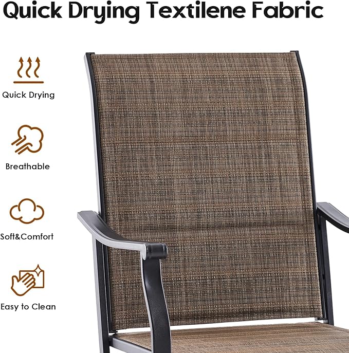 Swivel Patio Chairs Set of 4, Outdoor Patio Dining Chairs with Padded Textilene, Swivel & Rocker Metal Outdoor Dining Chair All-Weather for Backyard, Brown Fabric with Black Frame