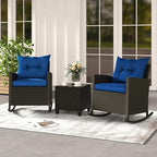ORALNER 3 Pieces Patio Furniture Set, Outdoor Wicker Rocking Chairs with Soft Cushions, Glass Coffee Table, Rattan Conversation Bistro Set for Front Porch Balcony Garden Deck Poolside (Navy)
